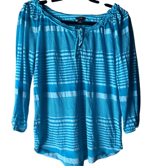 Ann Taylor Tops - Ann Taylor Striped Blue Burnout Tie Neck Blouse Long Sleeve Top XS